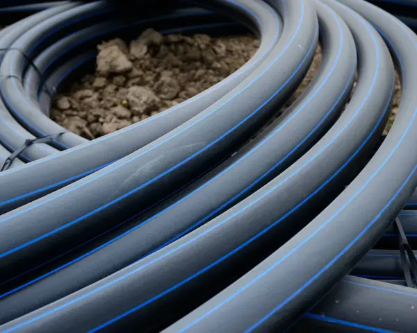 Coiled black hdpe plastic pipes with blue stripes, ready for installation.