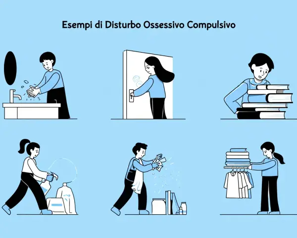 Illustrazioni mostrano come comportarsi con un ossessivo compulsivo: lavarsi le mani, toccare maniglie, impilare libri, pulire oggetti, piegare vestiti.