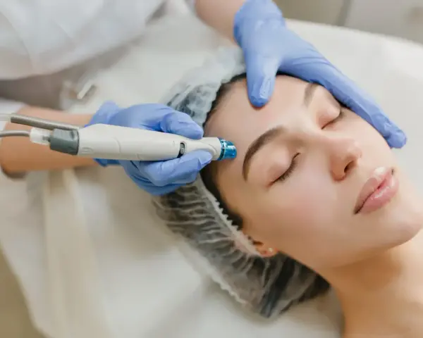 Aesthetician performs a facial treatment, likely part of the microdermabrasion healing process, on a woman's forehead.