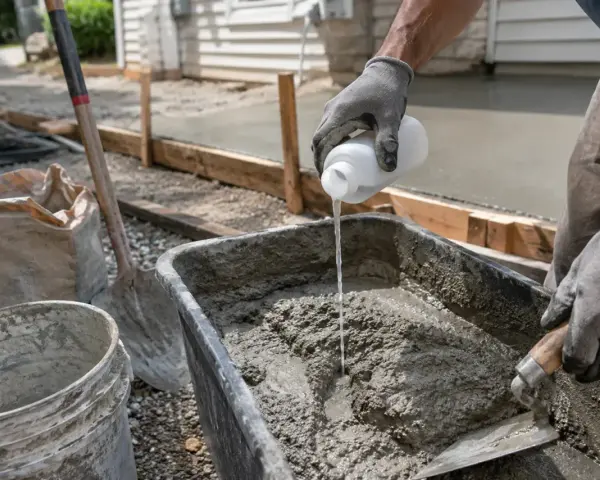Rękawiczki i łopatka mieszają szybki beton w wózku. Obok leży worek z cementem i wiadro.