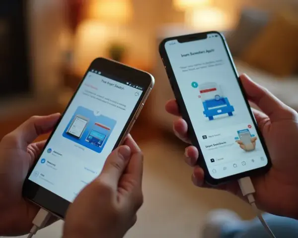 Dwie osoby trzymają telefony połączone kablem. Na ekranach widnieje instrukcja, jak przenieść dane z telefonu na telefon za pomocą aplikacji Smart Switch.