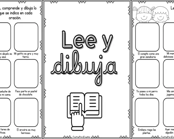 Hoja de actividades para leer y dibujar. Cada sección presenta una frase para que el niño la comprenda y dibuje su representación.