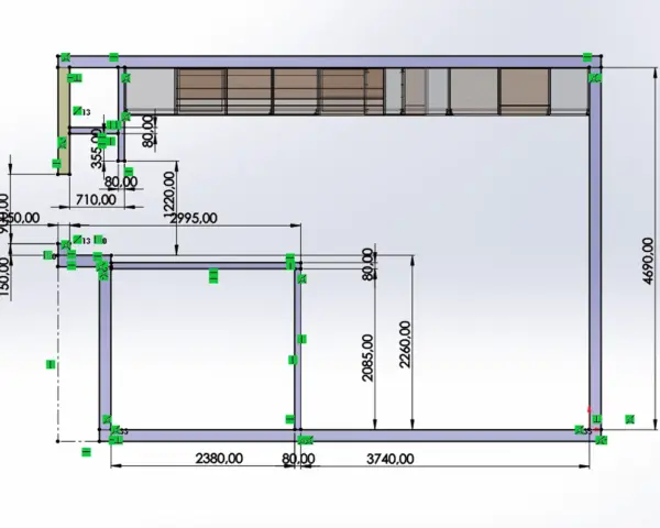 Projekt kuchni z wymiarami szafek. Widoczne linie pomocnicze i oznaczenia wymiarów w milimetrach, np. 4690,00 mm.