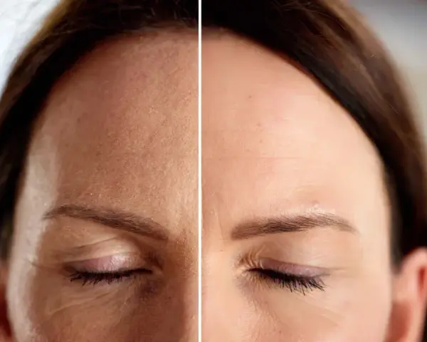 Comparación de la piel: antes y después, mostrando la reducción de arrugas de expresión alrededor de los ojos y en la frente.