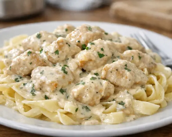 Pyszny keto kurczak w sosie śmietanowym na tagliatelle, posypany natką pietruszki. Idealny na lekki obiad.