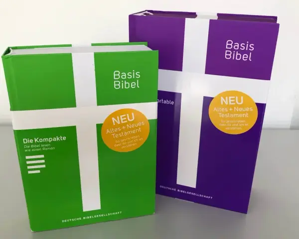 Zwei "Basis Bibel" Ausgaben, eine grüne und eine violette, mit dem Aufdruck "NEU Altes + Neues Testament". Diese evangelische Bibel ist so gestaltet, dass sie leicht verständlich ist.