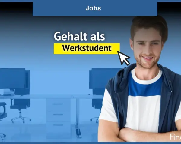 Ein junger Mann lächelt, während ein Mauszeiger auf "Gehalt als Werkstudent" zeigt. Im Hintergrund ein Büro.
