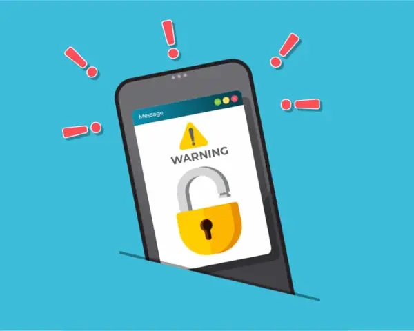 Teléfono con advertencia de seguridad y candado abierto. ¡Alerta! ¿Cómo encontrar un móvil perdido?
