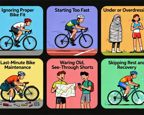 Six panels illustrate common cycling mistakes: ignoring bike fit, starting too fast, improper dressing, last-minute maintenance, wearing worn shorts, and skipping rest and recovery.