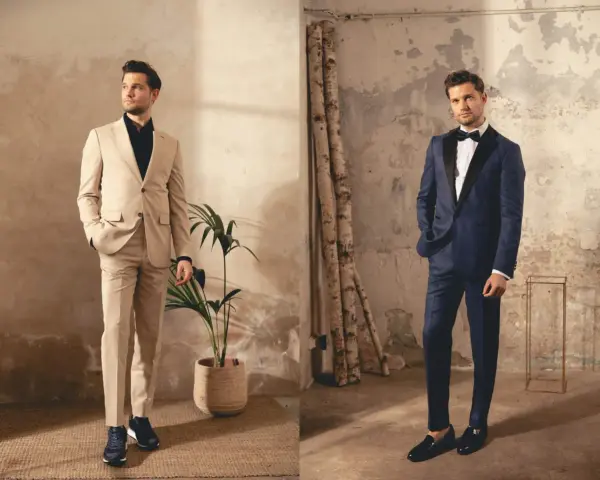 Uomo in due eleganti Harvey suits: uno color sabbia con sneakers, l'altro blu notte con mocassini.