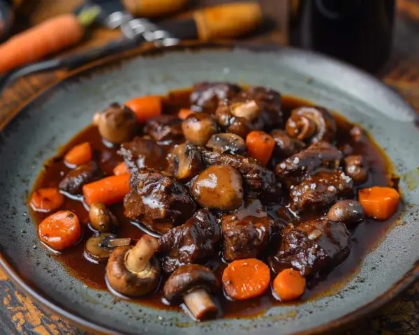 Un plat de boeuf bourguignon cookeo, avec des morceaux de viande tendres, des champignons et des carottes, nappés d'une sauce riche.