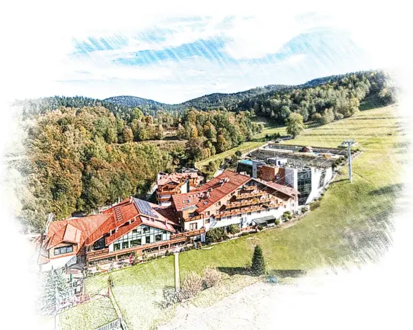 Malowniczy hotel w górach Beskidu Śląskiego, otoczony jesiennymi lasami i zielonymi zboczami.