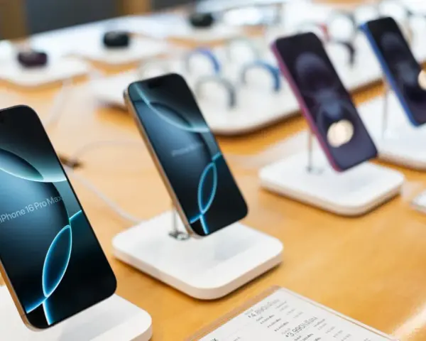 Flera iPhones visas upp på en disk, redo för den som vill byta iPhone. En iPhone 16 Pro Max syns tydligt.