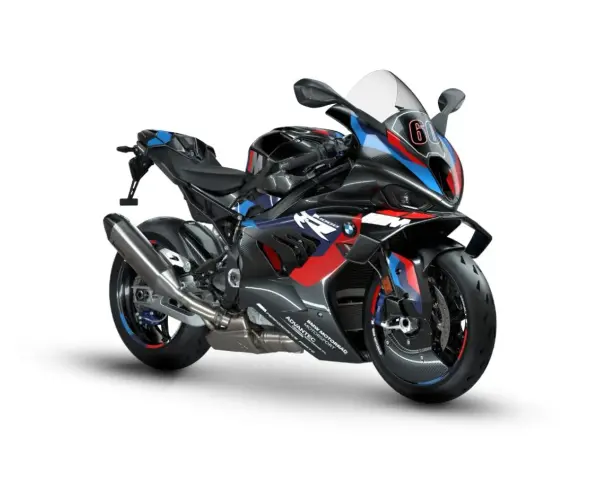 Wyścigowy motocykl BMW M1000RR w barwach M, z numerem 60 na owiewce.