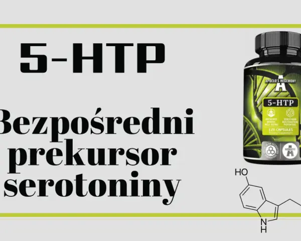 5-HTP, bezpośredni prekursor serotoniny, w kapsułkach. Obok wzór chemiczny.