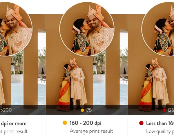 Comparación de la calidad de **impresión digital** de una pareja de recién casados. Tres versiones de la misma foto, con diferentes resoluciones (dpi), muestran resultados de impresión de excelente a bajo.