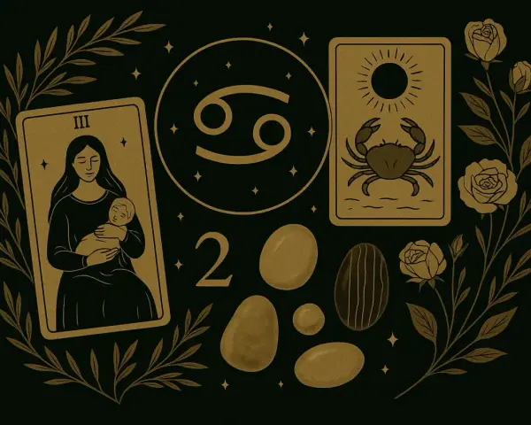 Symbol zodiaku Rak w okręgu, obok karty z krabem i matką z dzieckiem. Jak wygląda znak zodiaku Rak.