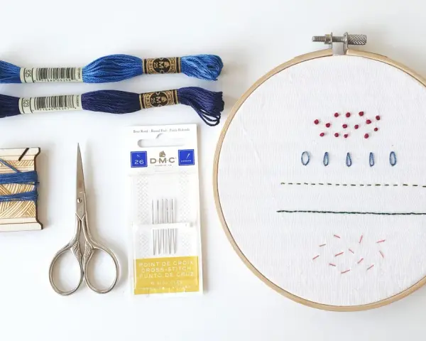 Materiali per un tutorial ricamo: fili blu, forbici, aghi e tela con primi punti.