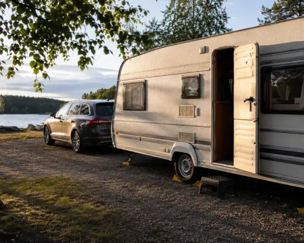 En husvagn och bil parkerad vid en sjö, redo för en husvagnssemester i Sverige. Solen lyser på den öppna dörren.