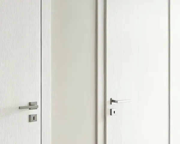 Dwie białe drzwi, jedna przylgowe, druga bezprzylgowe, z metalowymi klamkami.