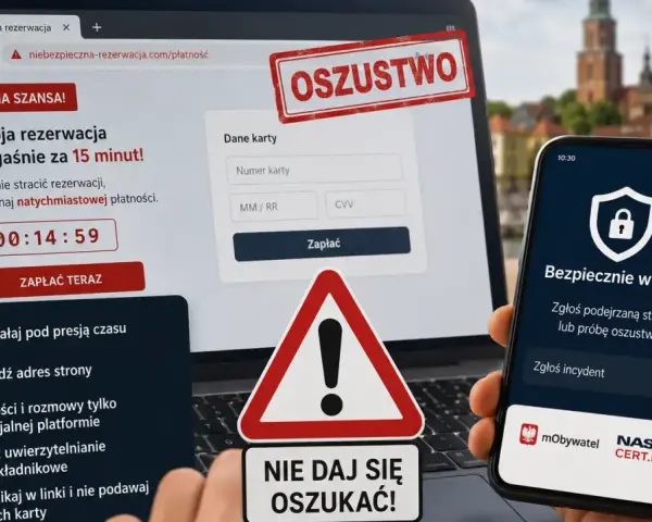 Oszustwo na rezerwację! Czy booking jest bezpieczny? Uważaj na fałszywe strony i nie podawaj danych karty. Zgłoś incydent na NASK CERT.PL.