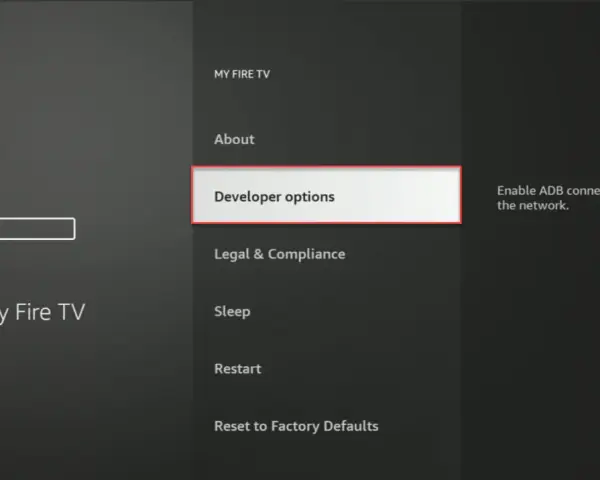 Fire TV Stick Menü mit hervorgehobenen "Developer options" und Text "Enable ADB connections over the network.