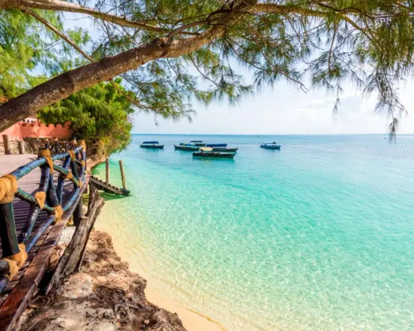 Drewniana kładka prowadzi do turkusowej wody, gdzie kołyszą się łodzie. Idealny widok na Zanzibar w czerwcu.