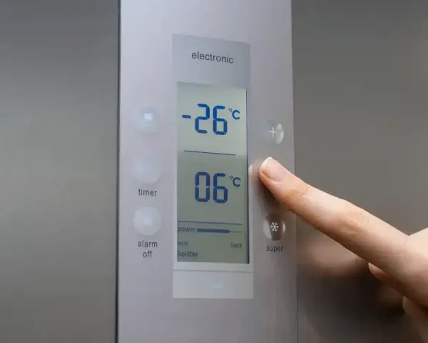 Palec naciska przycisk na panelu lodówki no frost. Wyświetlacz pokazuje -26°C i 06°C.