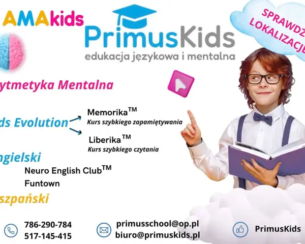 Chłopiec z książką, logo PrimusKids, kursy językowe i arytmetyka mentalna. Sprawdź lokalizacje!