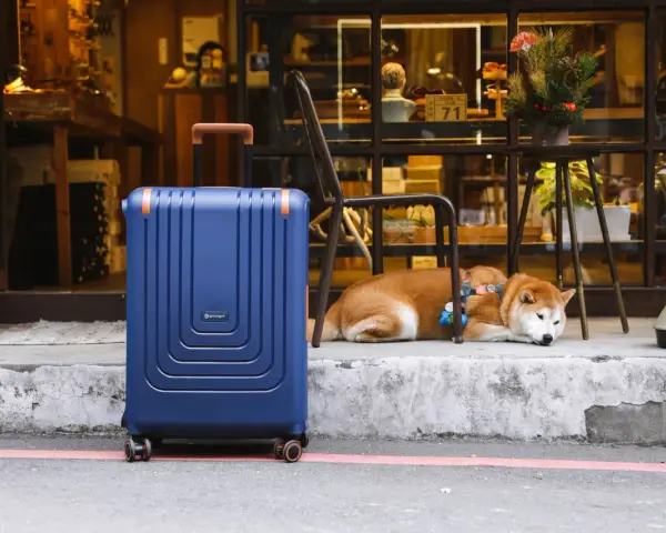 En blå resväska står redo för en resa utomlands. En söt shiba inu vilar bredvid, som om den också väntar på att packa sin packlista utomlands.