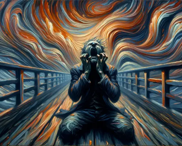 Un homme hurle, mains sur les oreilles, sur un pont. Le ciel tourbillonnant et les couleurs vives accentuent le **tableau la peur** de cette scène.