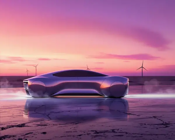 Futurystyczna Tesla przy ładowarce na tle zachodu słońca. Zastanawiasz się, ile kosztuje ładowanie Tesli w domu?
