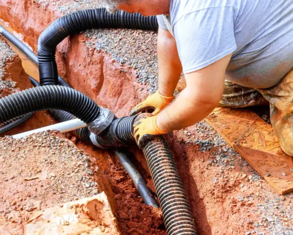 Instalator łączy rury odprowadzające wodę do budowanej studni chłonnej.