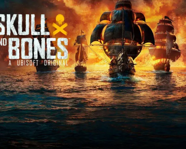 Flota de barcos piratas navega en aguas turbulentas bajo un cielo ardiente. El logo "Skull and Bones" destaca en la imagen.