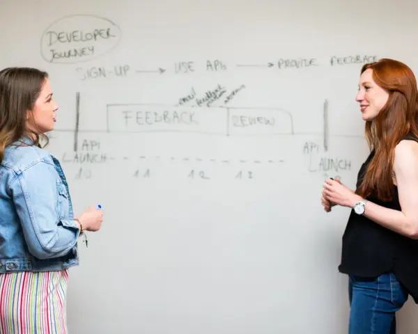Dos mujeres discuten un diagrama en una pizarra, mostrando varios tipos de pizarras y el viaje del desarrollador.