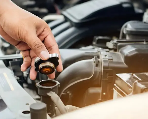 Hand removing radiator cap. This image might be relevant when researching radiator hose replacement cost.