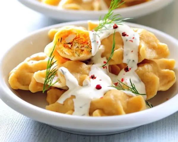 Pierogi z farszem, polane sosem, udekorowane koperkiem i pieprzem.