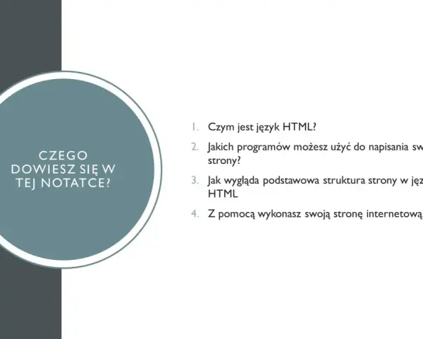 Grafika z pytaniem "Czego dowiesz się w tej notatce?" i listą pytań o HTML.