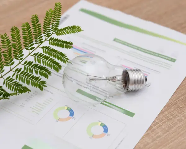 Gałązka zieleni i żarówka na papierze z wykresami, sugerujące analizę kosztów energii, np. eon taryfa c11.