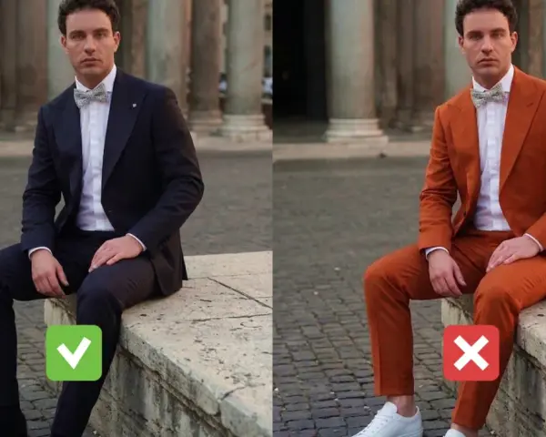 Uomo in abito blu con papillon, approvato per un matrimonio casual. Accanto, lo stesso abito arancione con sneakers, bocciato.