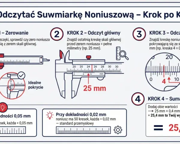Instrukcja jak mierzyć suwmiarką 0,02 mm. Pokazuje kroki od zerowania, odczytu głównego, odczytu noniusza, aż do sumowania wyników.