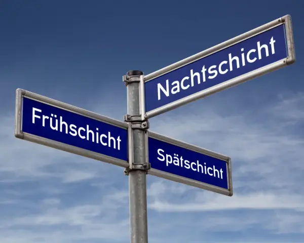 Wegweiser mit "Frühschicht", "Nachtschicht" und "Spätschicht". Nach 5 Tagen Nachtschicht fragt man sich: Wie viel Tage frei?