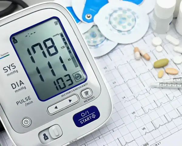 Cyfrowy ciśnieniomierz pokazuje wysokie ciśnienie 178/103. Obok leżą tabletki, elektrody EKG i papier z zapisem EKG, sugerując monitorowanie holterem ciśnieniowym.
