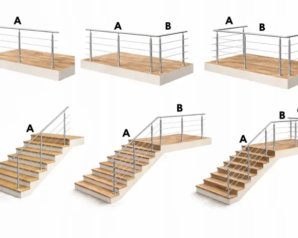 Przykłady montażu balustrady ze stali nierdzewnej na tarasie i schodach. Różne konfiguracje oznaczone literami A, B, C.