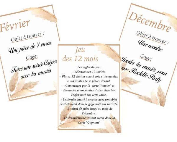 Cartes pour un jeu des 12 mois : Février (trouver 2€, gage : soirée crêpes), Décembre (trouver une montre, gage : raclette party) et règles du jeu.