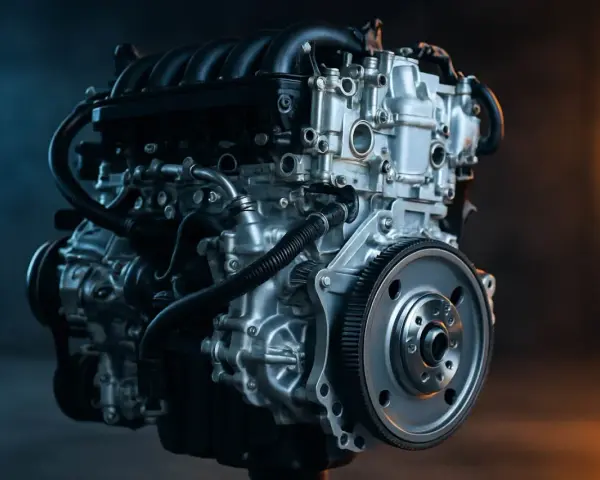 Motore termico moderno, simbolo di efficienza e potenza. Dettagli metallici lucidi e tubi neri si intrecciano in un'opera di ingegneria.
