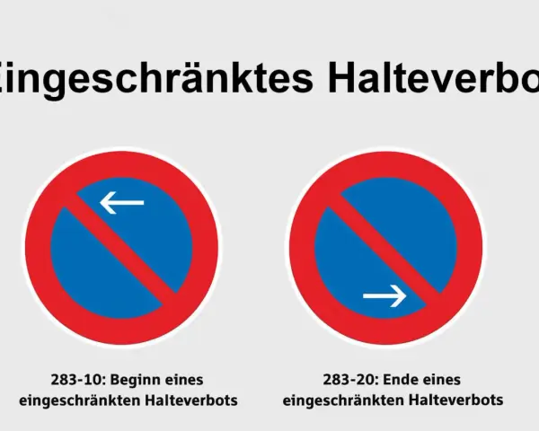 Zwei Verkehrszeichen: Beginn eines eingeschränkten Halteverbots (links, Pfeil nach links) und Ende eines eingeschränkten Halteverbots (rechts, Pfeil nach rechts).
