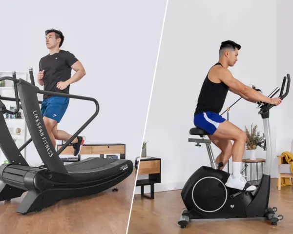 Man running on a treadmill vs. man cycling on a stationary bike. A split image showcasing two popular cardio workouts.