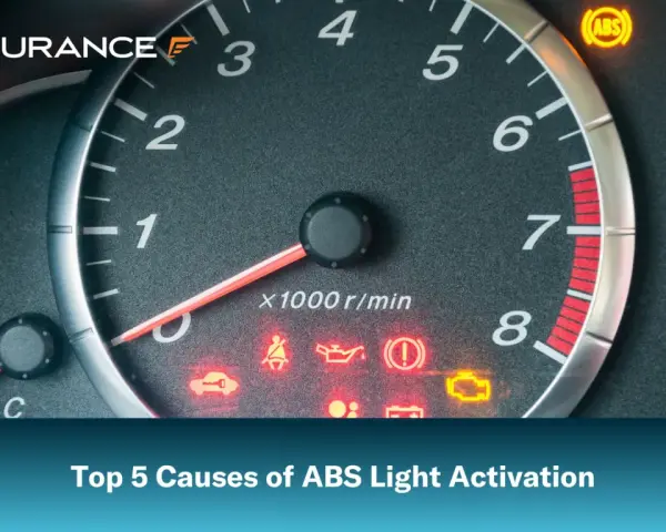 Dashboard with illuminated ABS light and other warning indicators. Learn the top 5 causes of ABS light activation.