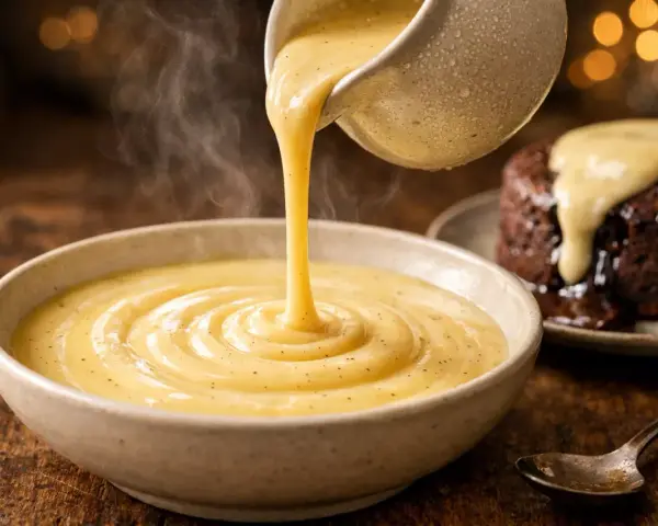 Une sauce crémeuse et fumante, une crème anglaise, est versée dans un bol. Un petit gâteau au chocolat dégouline de cette sauce.